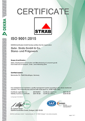 Certificate-RZ-ISO-9001 Sträb GmbH, Germany